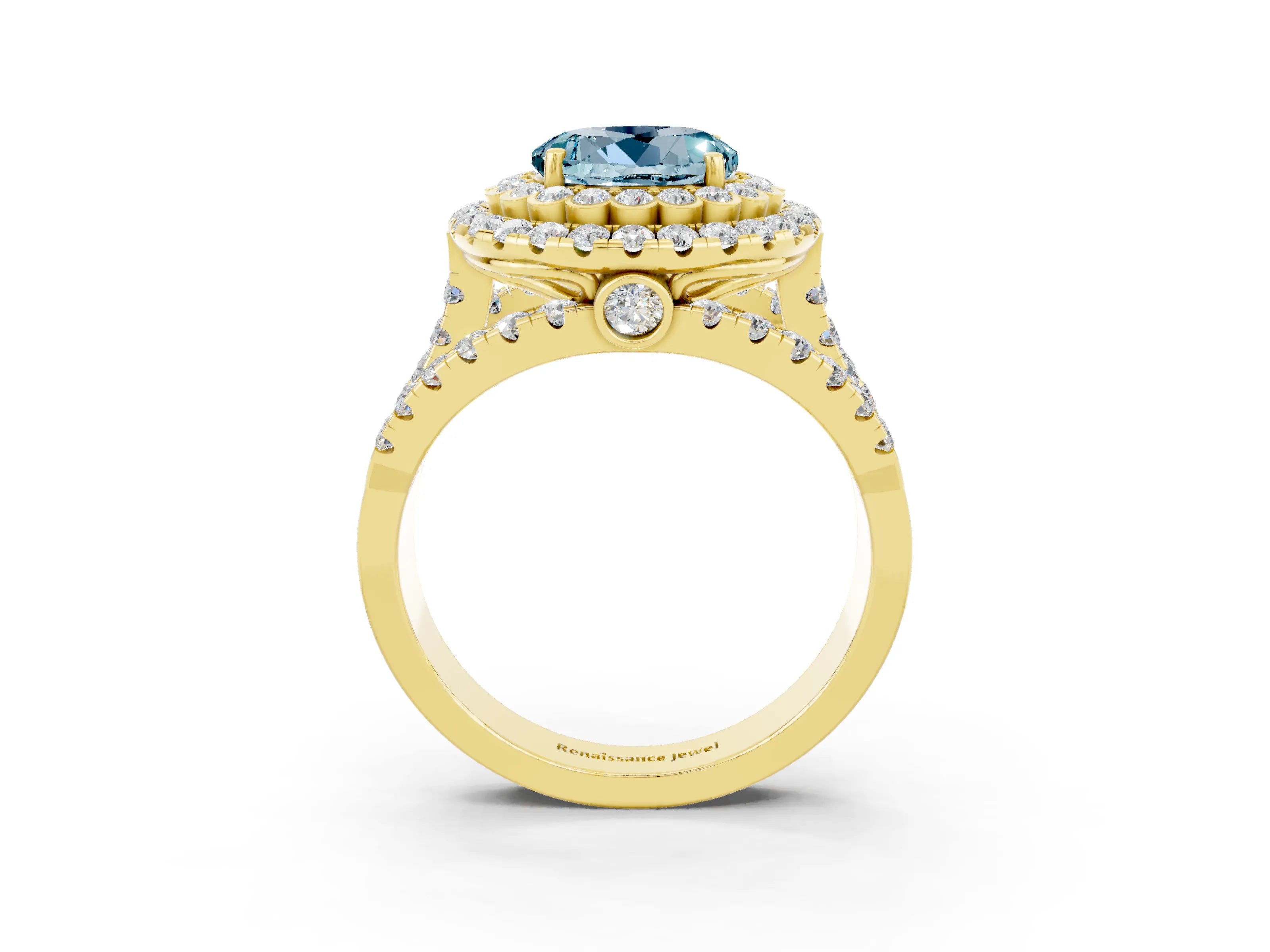 Yellow gold Double Halo Round Cut Diamond Split Shank Pave Set Ring_3