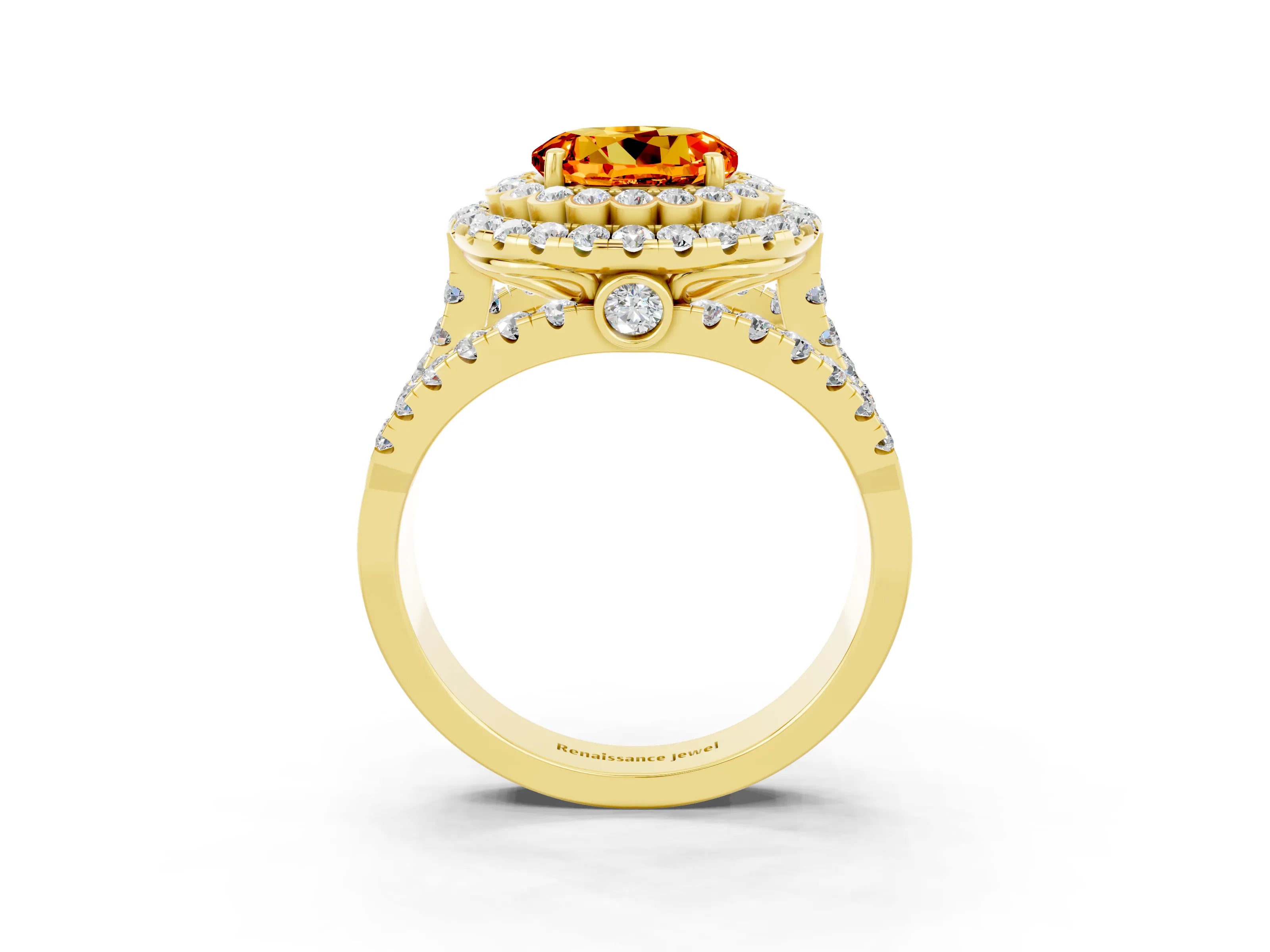 Yellow gold Double Halo Round Cut Diamond Split Shank Pave Set Ring_3