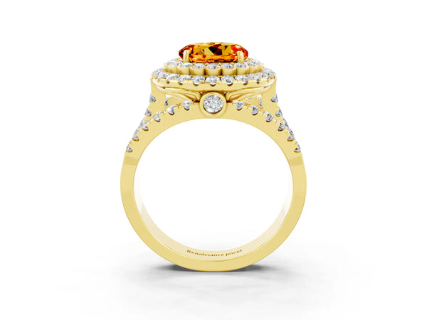 Yellow gold Round Cut Citrine Double Halo Ring with Round Pavé Split Shank and Prong Setting