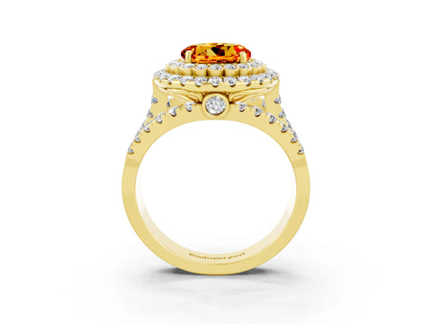 Yellow gold Double Halo Round Cut Diamond Split Shank Pave Set Ring_3
