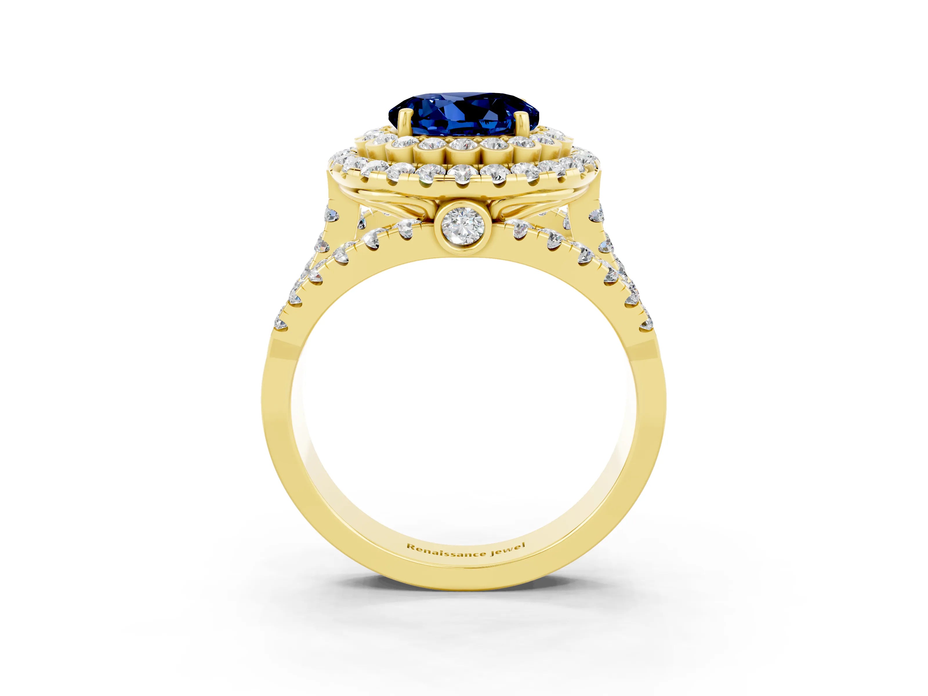 Yellow gold Double Halo Round Cut Diamond Split Shank Pave Set Ring_3