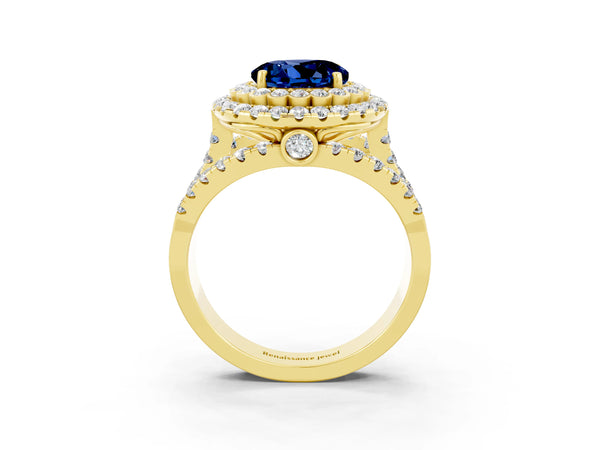 Yellow Gold Round Lab-Grown Blue Sapphire Double Halo Engagement Ring with Split Shank