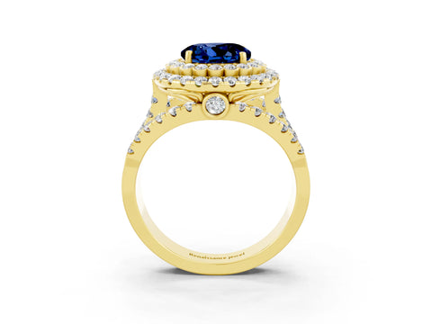 Yellow gold Double Halo Round Cut Diamond Split Shank Pave Set Ring_3