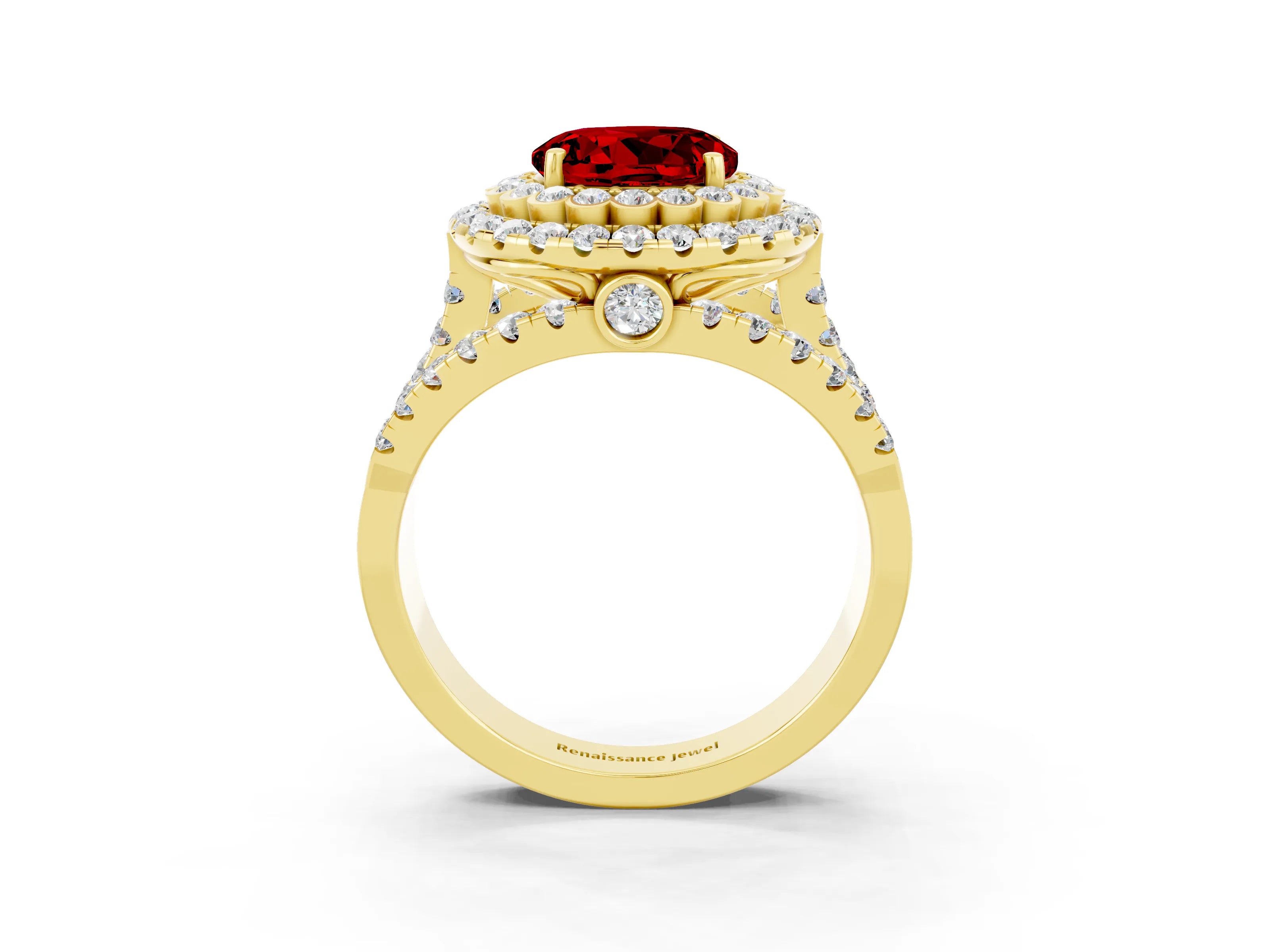 Yellow gold Double Halo Round Cut Diamond Split Shank Pave Set Ring_3
