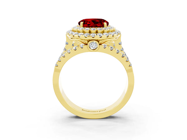 Yellow gold Double Halo Round Cut Diamond Split Shank Pave Set Ring