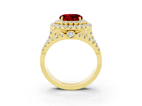 Yellow gold Double Halo Round Cut Diamond Split Shank Pave Set Ring_3
