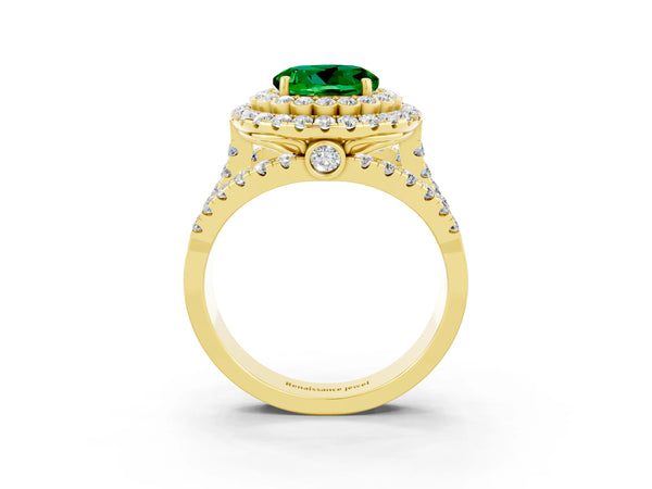 Yellow gold Round Cut Emerald Double Halo Ring with Round Pavé Split Shank and Prong Setting