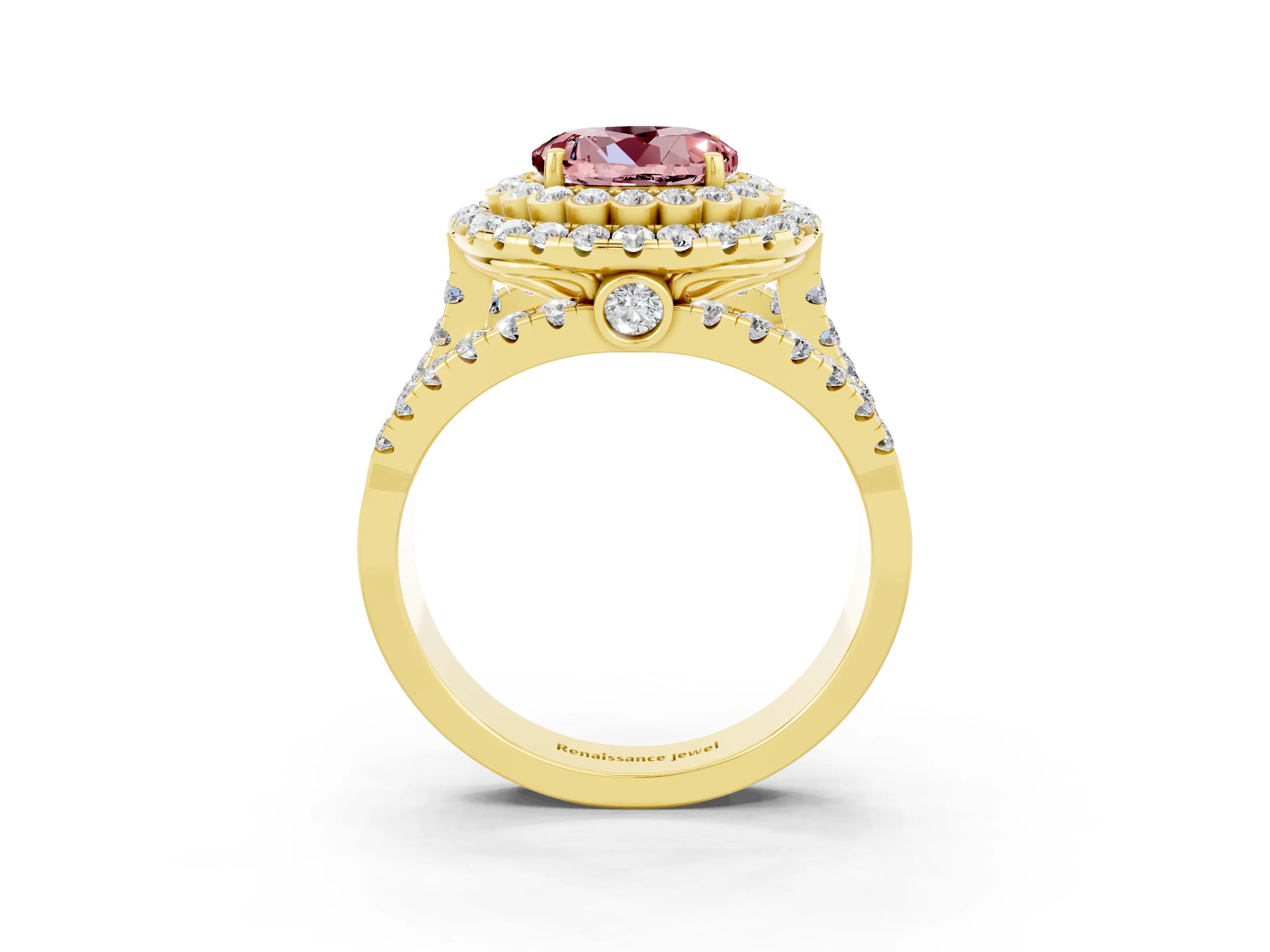 Yellow gold Double Halo Round Cut Diamond Split Shank Pave Set Ring_3