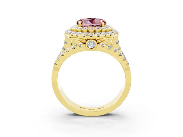 Yellow gold Double Halo Round Cut Diamond Split Shank Pave Set Ring