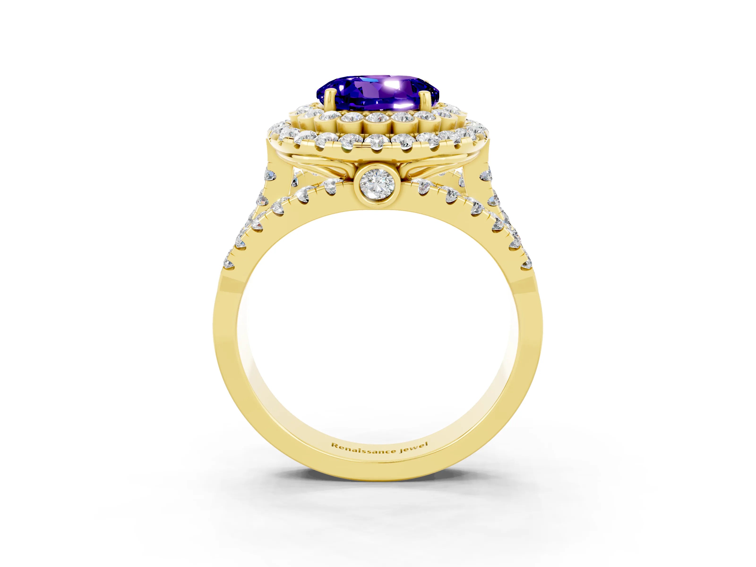 Yellow gold Double Halo Round Cut Diamond Split Shank Pave Set Ring_3