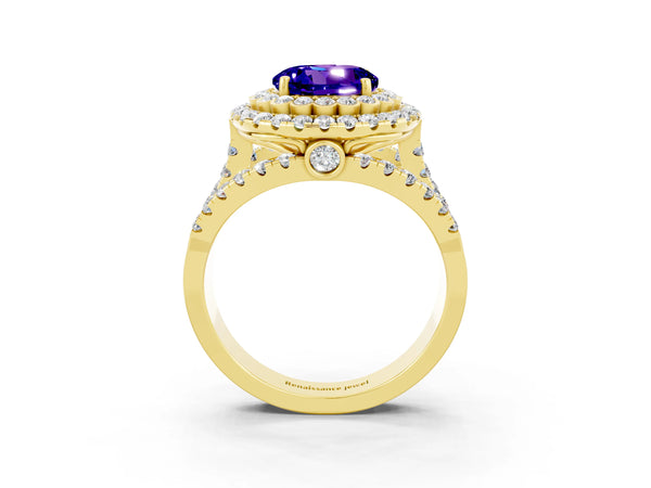 Yellow gold Round Cut Tanzanite Double Halo Ring with Round Pavé Split Shank and Prong Setting