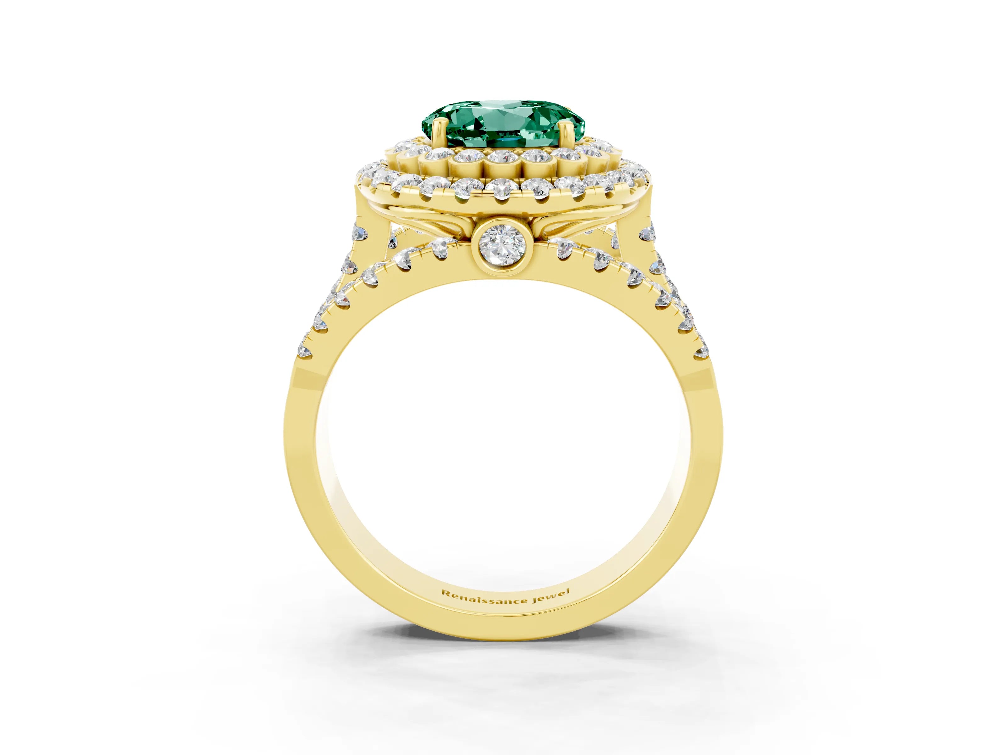 Yellow gold Double Halo Round Cut Diamond Split Shank Pave Set Ring_3