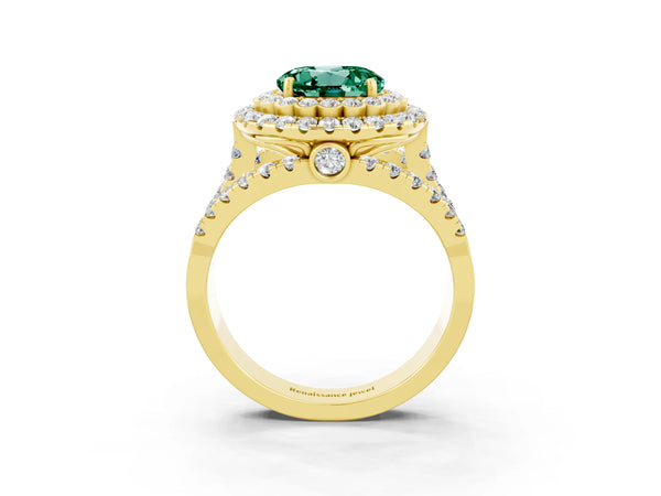 Yellow gold Round Cut Green Sapphire Double Halo Ring with Round Pavé Split Shank and Prong Setting