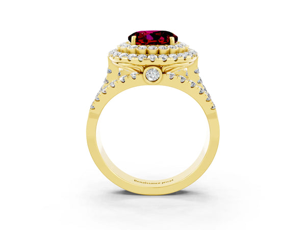 Yellow gold Round Cut Garnet Double Halo Ring with Round Pavé Split Shank and Prong Setting