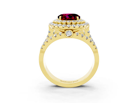 Yellow gold Double Halo Round Cut Diamond Split Shank Pave Set Ring_3
