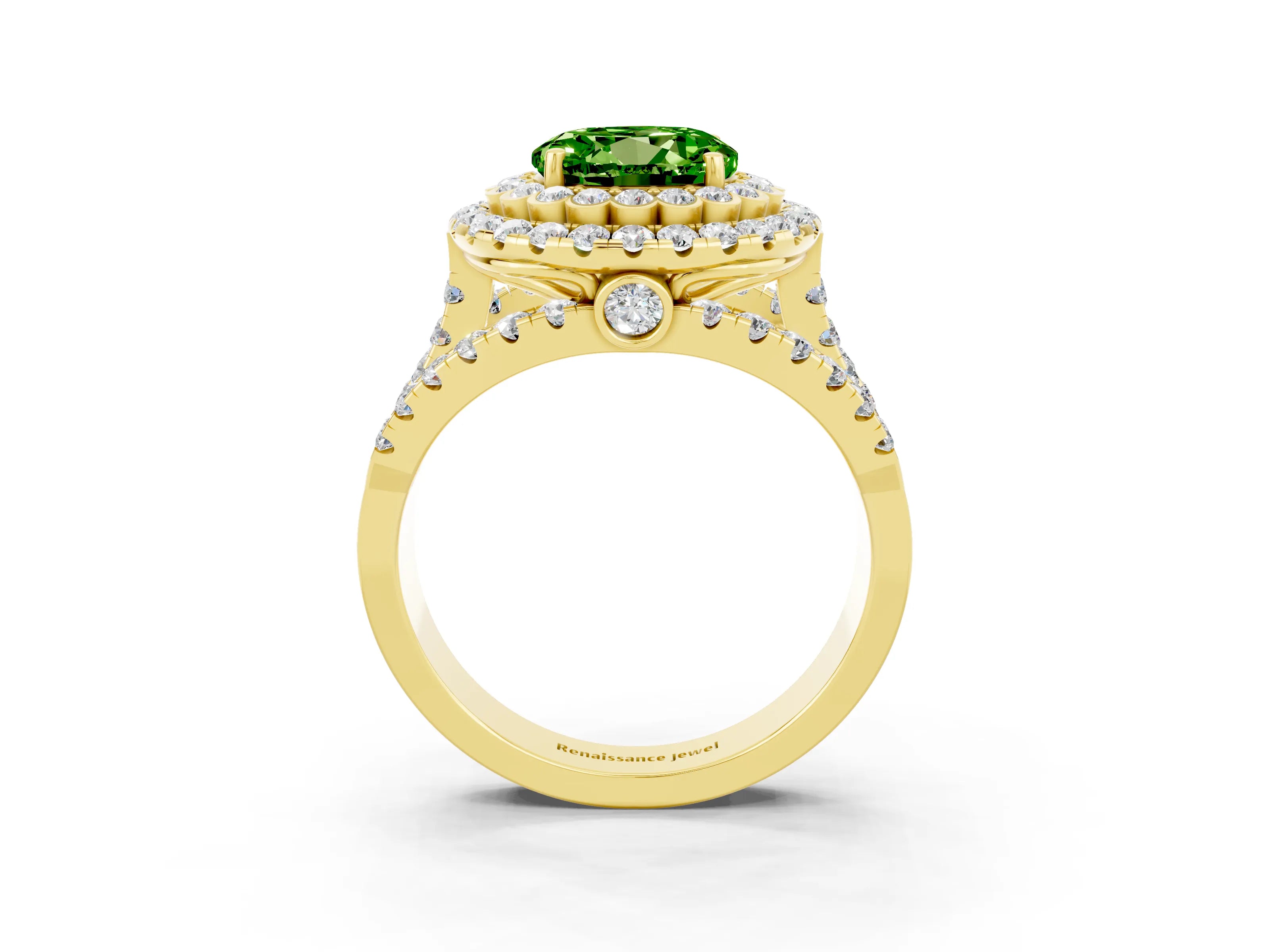 Yellow gold Double Halo Round Cut Diamond Split Shank Pave Set Ring_3