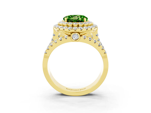 Yellow gold Double Halo Round Cut Diamond Split Shank Pave Set Ring