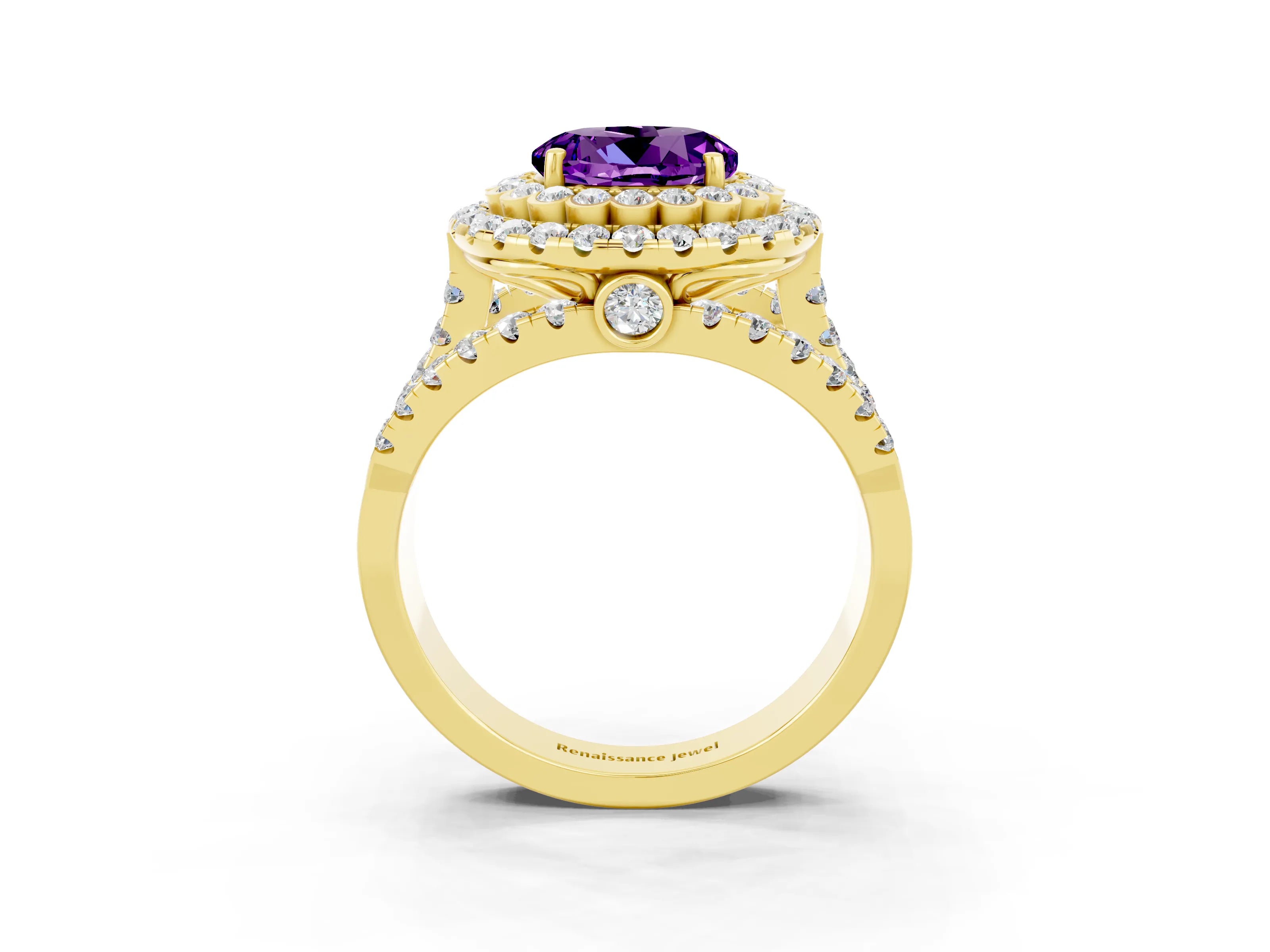 Yellow gold Double Halo Round Cut Diamond Split Shank Pave Set Ring_3
