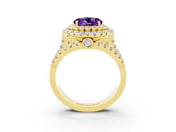 Yellow gold Round Cut Amethyst Double Halo Ring with Round Pavé Split Shank and Prong Setting