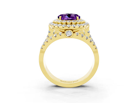 Yellow gold Double Halo Round Cut Diamond Split Shank Pave Set Ring_3