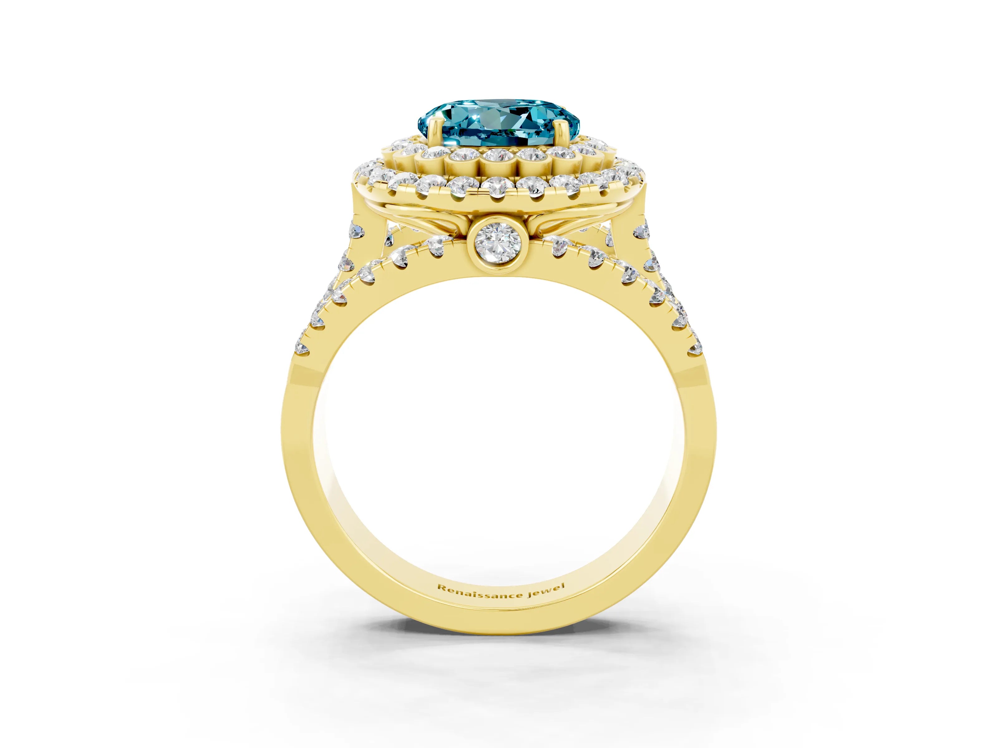 Yellow gold Double Halo Round Cut Diamond Split Shank Pave Set Ring_3
