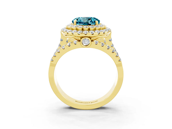 Yellow gold Double Halo Round Cut Diamond Split Shank Pave Set Ring