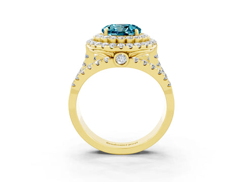 Yellow gold Double Halo Round Cut Diamond Split Shank Pave Set Ring_3