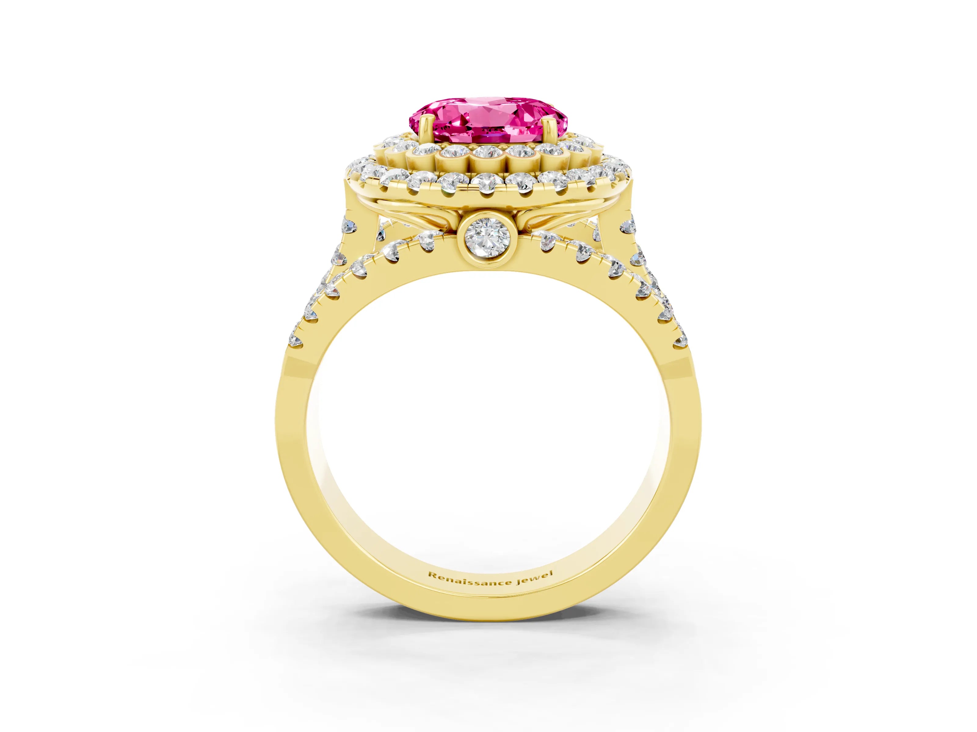 Yellow gold Double Halo Round Cut Diamond Split Shank Pave Set Ring_3
