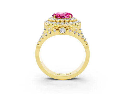 Yellow gold Double Halo Round Cut Diamond Split Shank Pave Set Ring_3