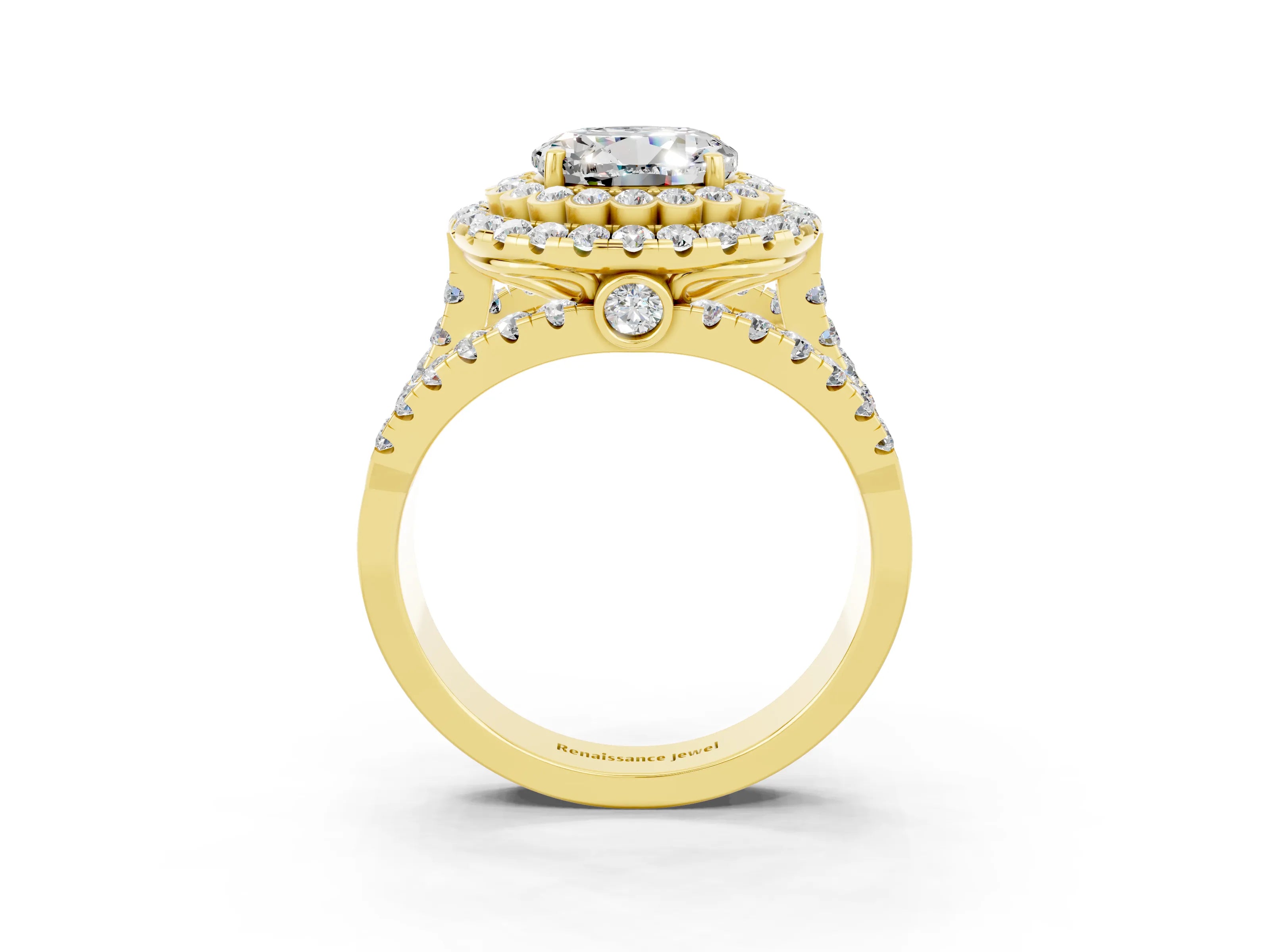 Yellow gold Double Halo Round Cut Diamond Split Shank Pave Set Ring_3