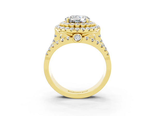 Yellow gold Round Cut Moissanite Double Halo Ring with Round Pavé Split Shank and Prong Setting