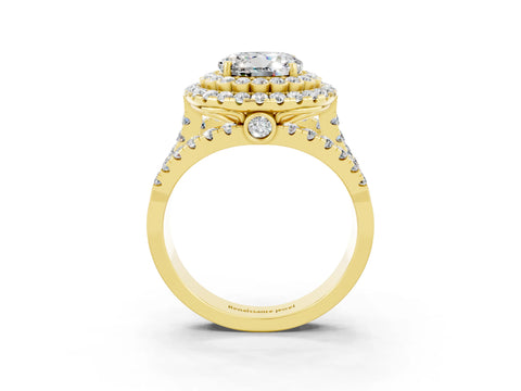 Yellow gold Double Halo Round Cut Diamond Split Shank Pave Set Ring_3