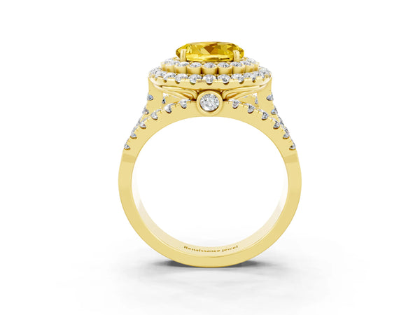 Yellow gold Round Cut Yellow Sapphire Double Halo Ring with Round Pavé Split Shank and Prong Setting