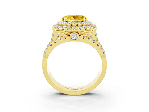 Yellow gold Double Halo Round Cut Diamond Split Shank Pave Set Ring_3