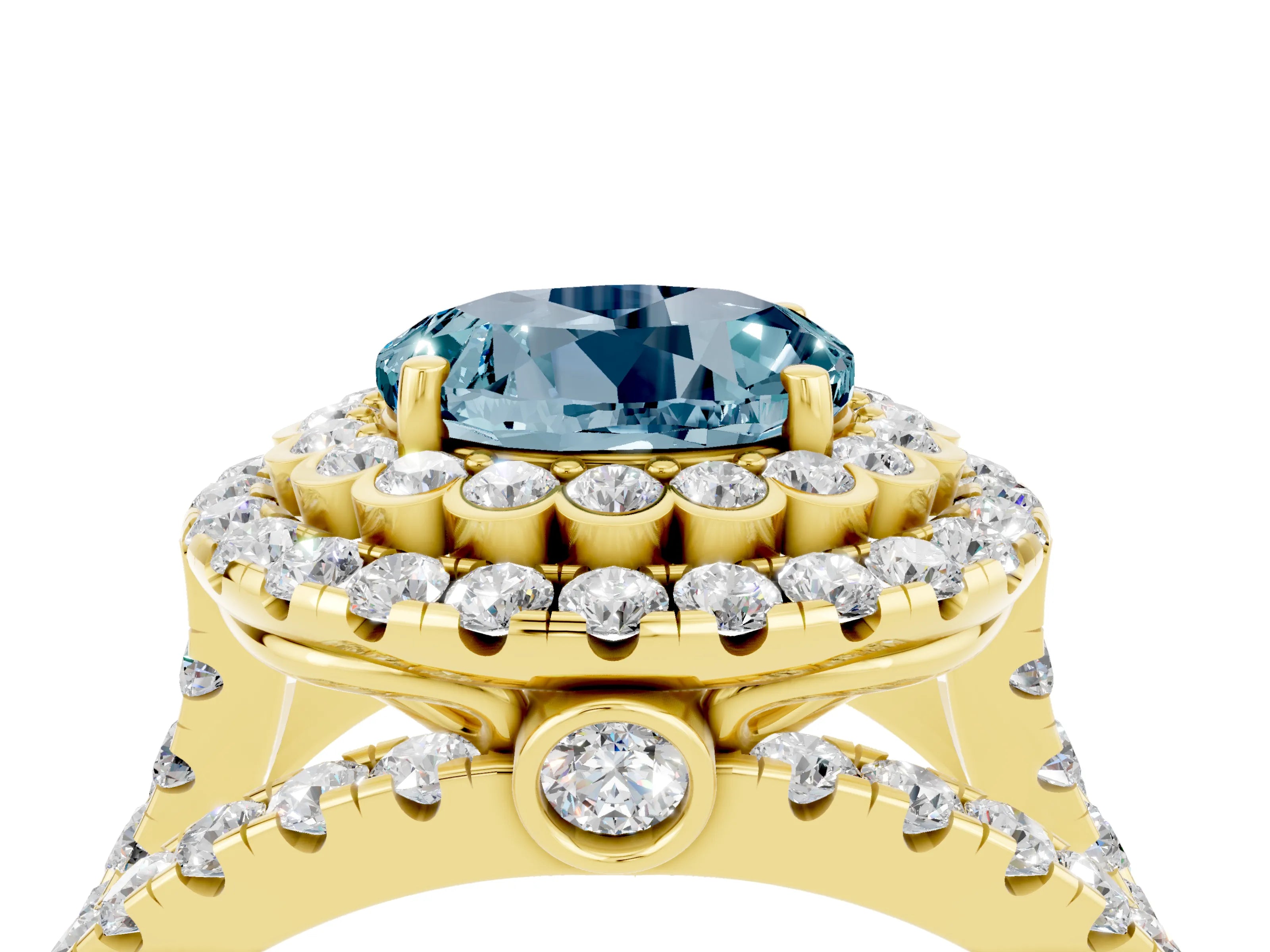 Yellow gold Double Halo Round Cut Diamond Split Shank Pave Set Ring_4