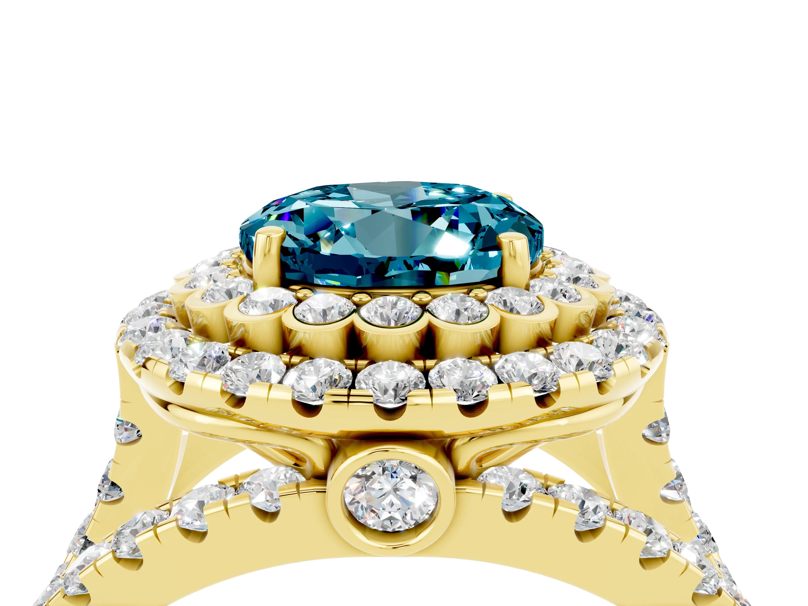 Yellow gold Double Halo Round Cut Diamond Split Shank Pave Set Ring_4