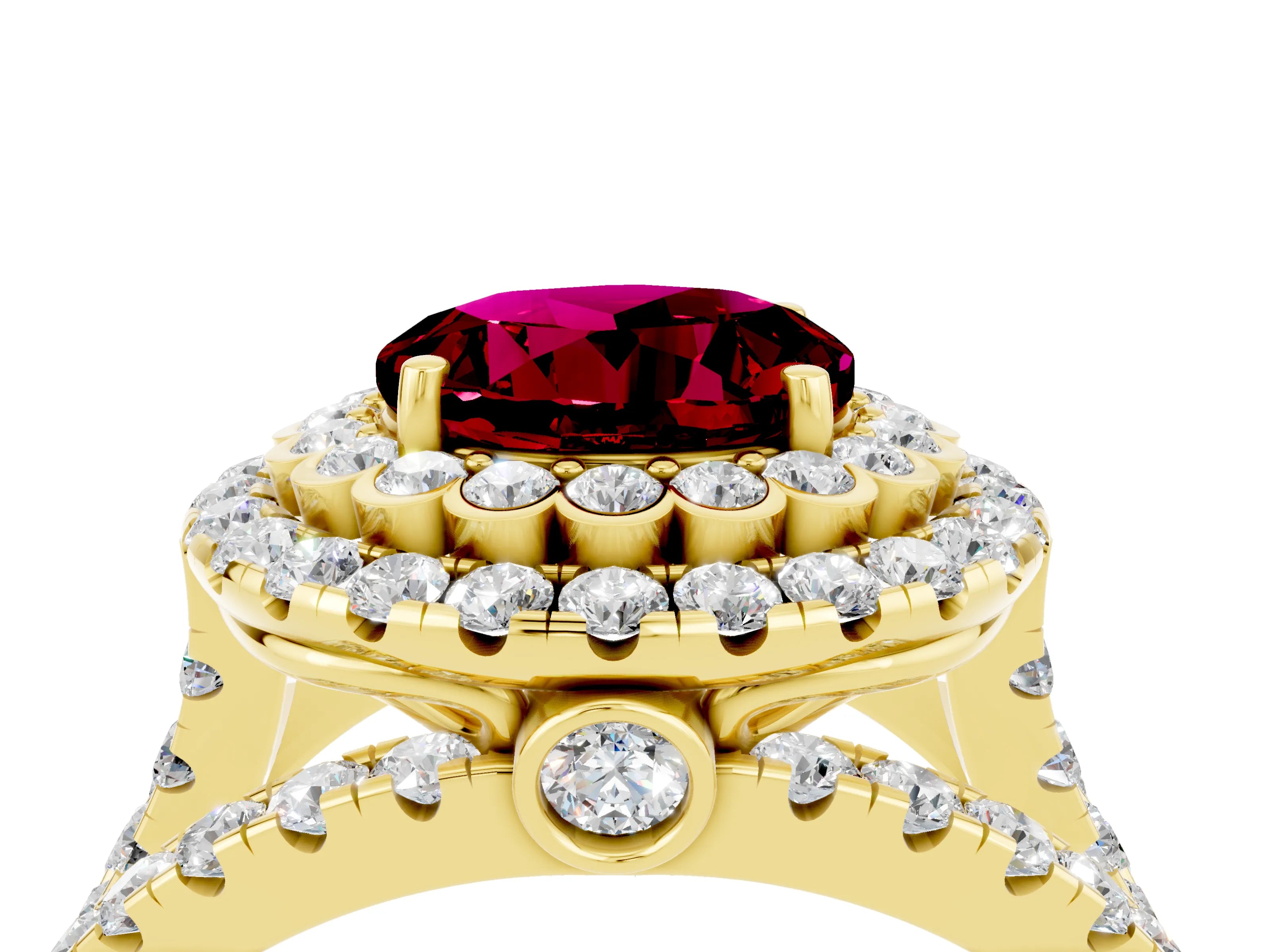 Yellow gold Double Halo Round Cut Diamond Split Shank Pave Set Ring_4