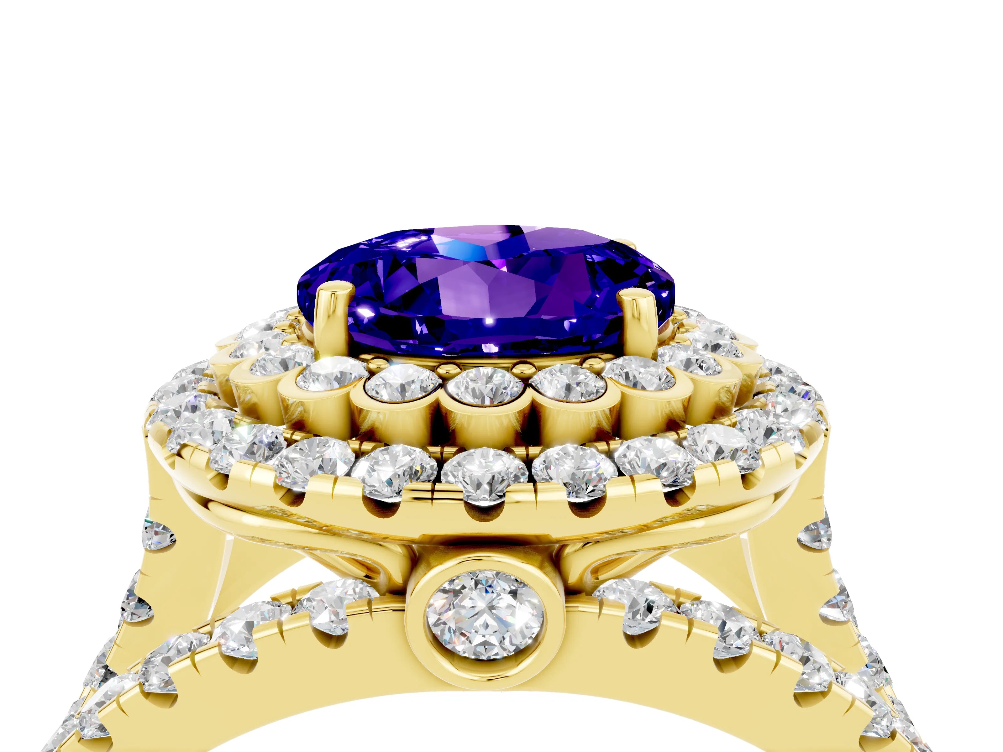 Yellow gold Double Halo Round Cut Diamond Split Shank Pave Set Ring_4