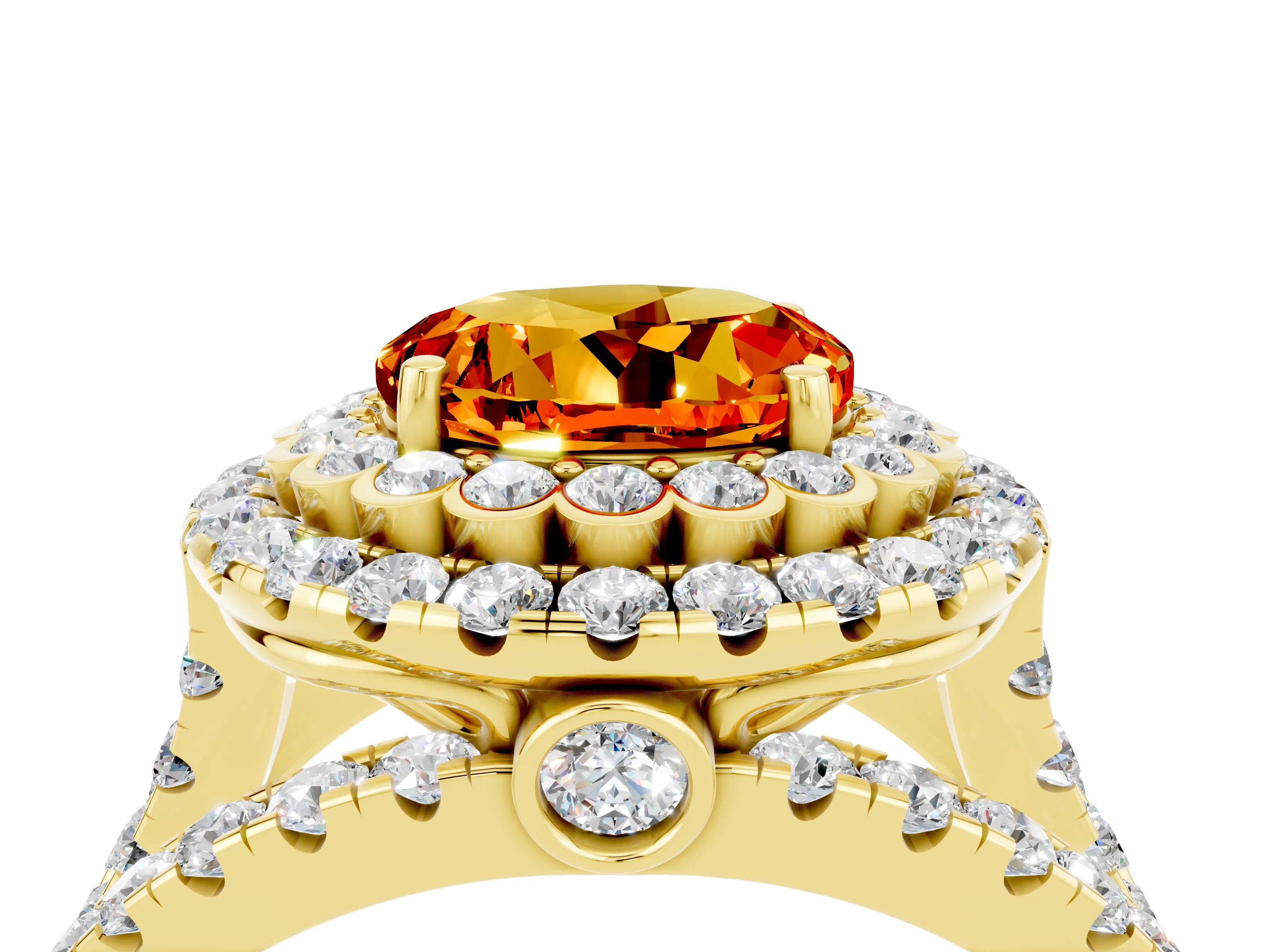 Yellow gold Double Halo Round Cut Diamond Split Shank Pave Set Ring_4