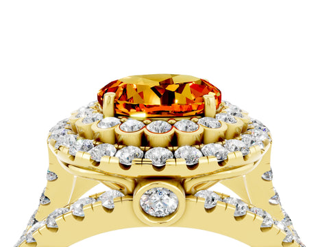 Yellow gold Double Halo Round Cut Diamond Split Shank Pave Set Ring_4
