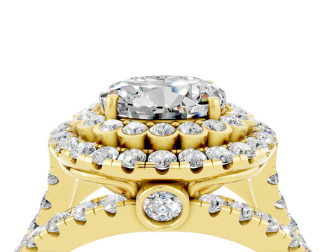 Yellow gold Double Halo Round Cut Diamond Split Shank Pave Set Ring_4