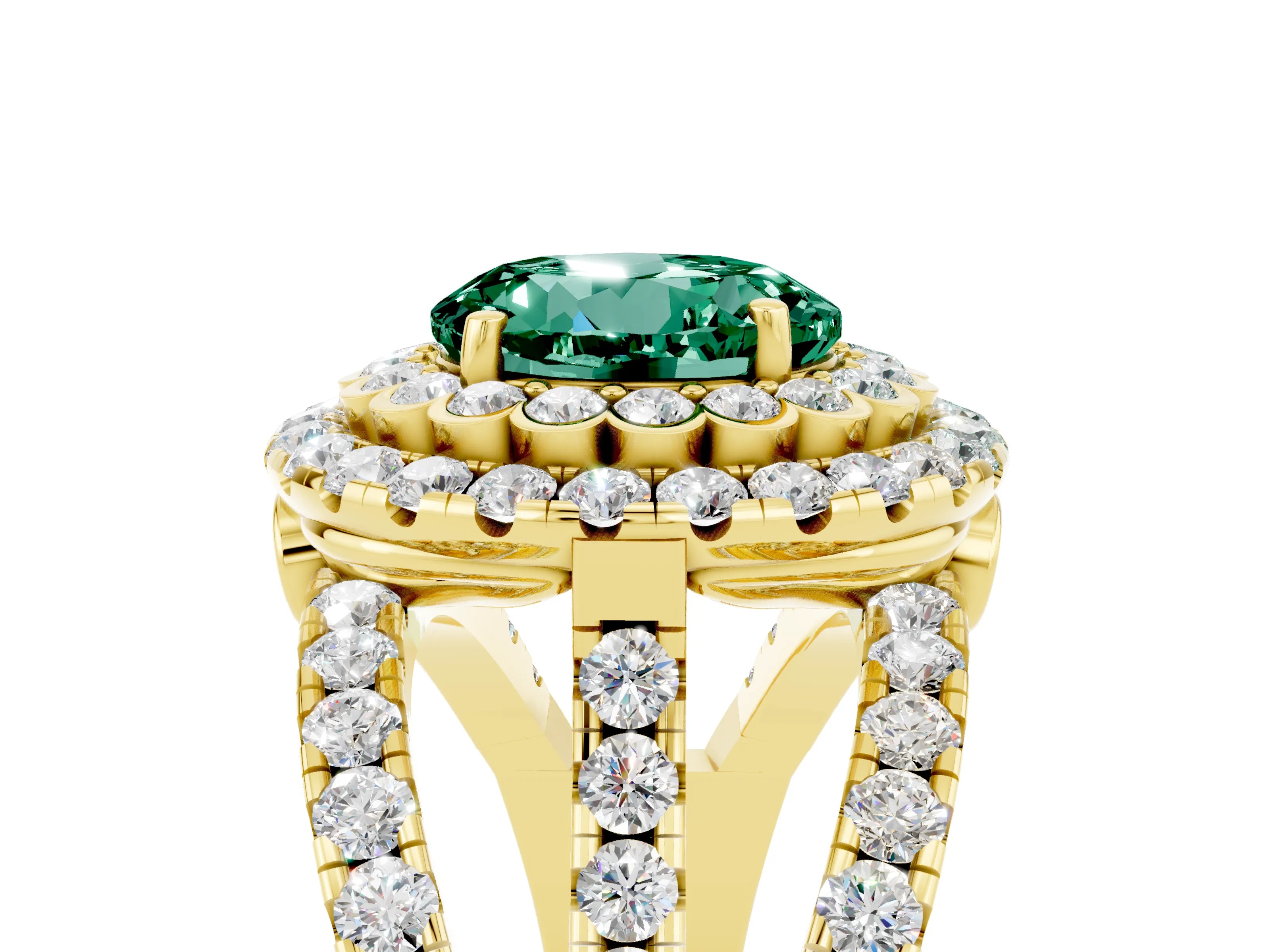 Yellow gold Double Halo Round Cut Diamond Split Shank Pave Set Ring_5