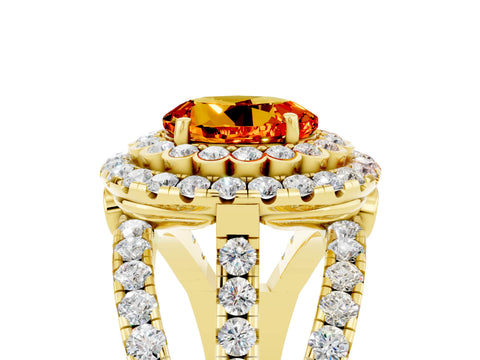 Yellow gold Double Halo Round Cut Diamond Split Shank Pave Set Ring_5