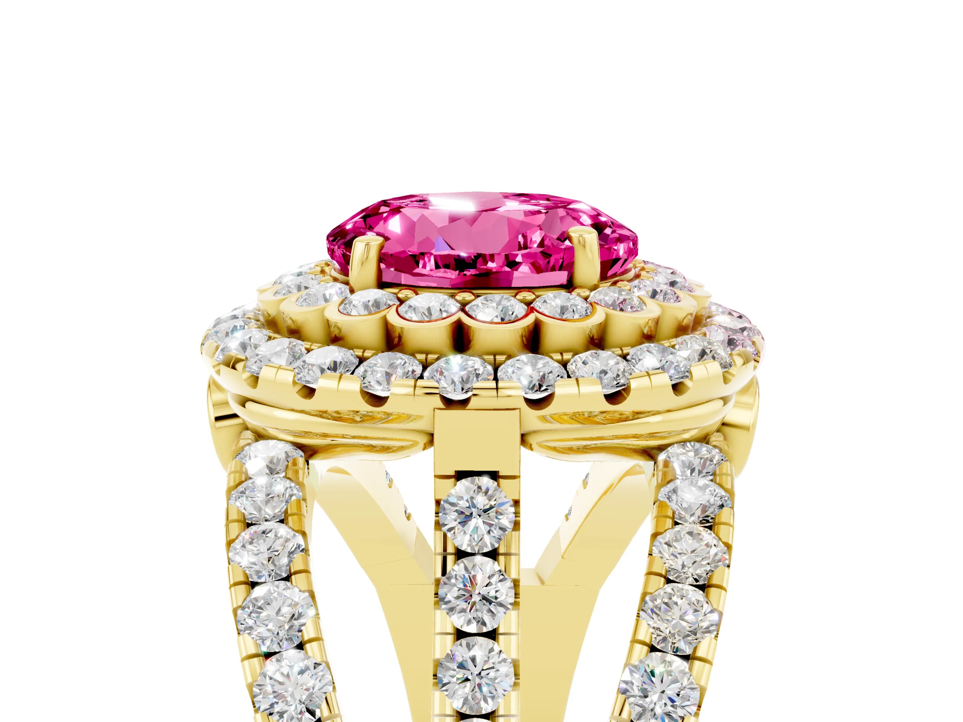 Yellow gold Double Halo Round Cut Diamond Split Shank Pave Set Ring_5