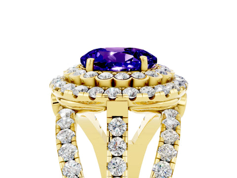 Yellow gold Double Halo Round Cut Diamond Split Shank Pave Set Ring_5