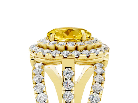 Yellow gold Double Halo Round Cut Diamond Split Shank Pave Set Ring_5