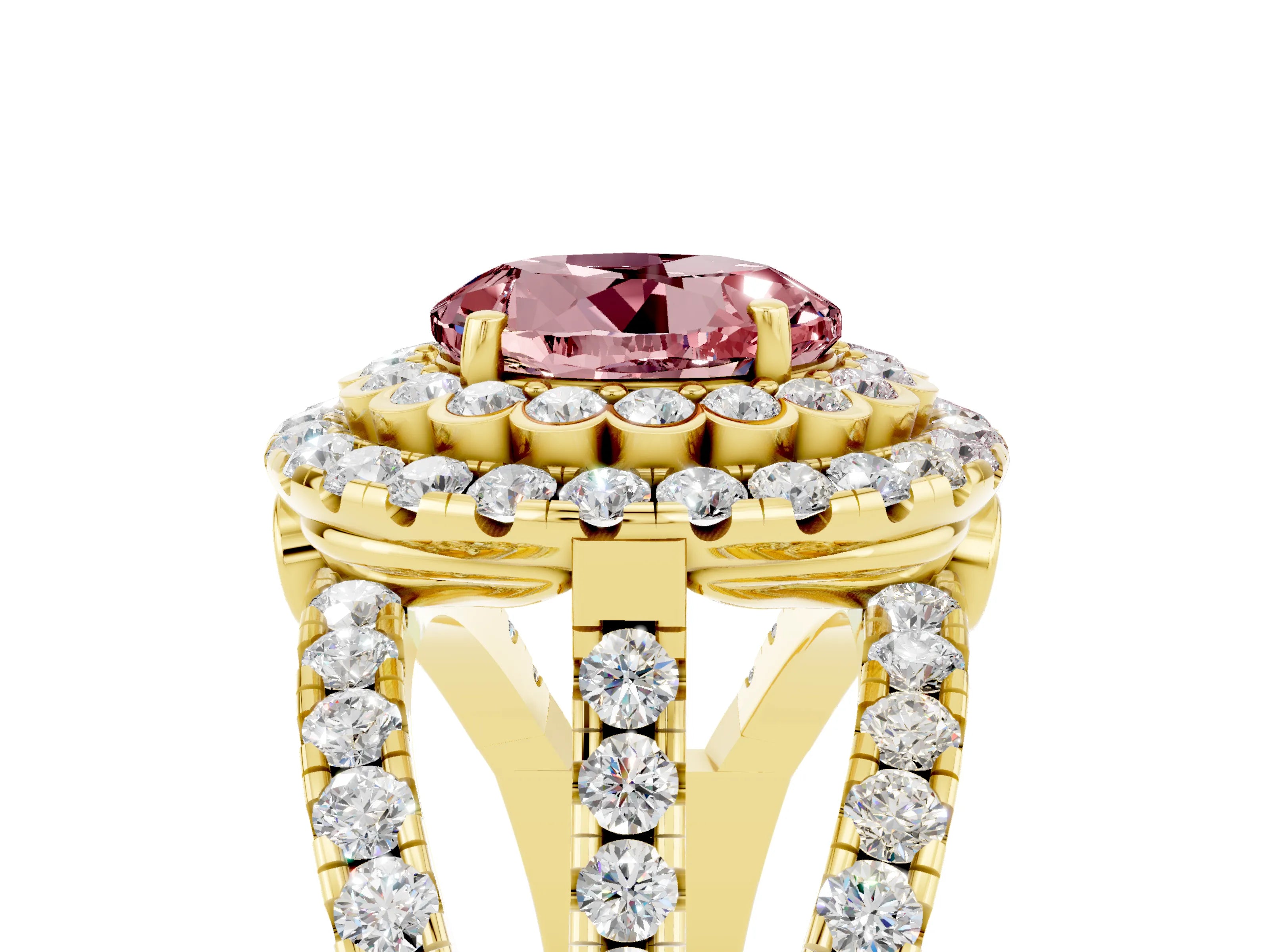 Yellow gold Double Halo Round Cut Diamond Split Shank Pave Set Ring_5