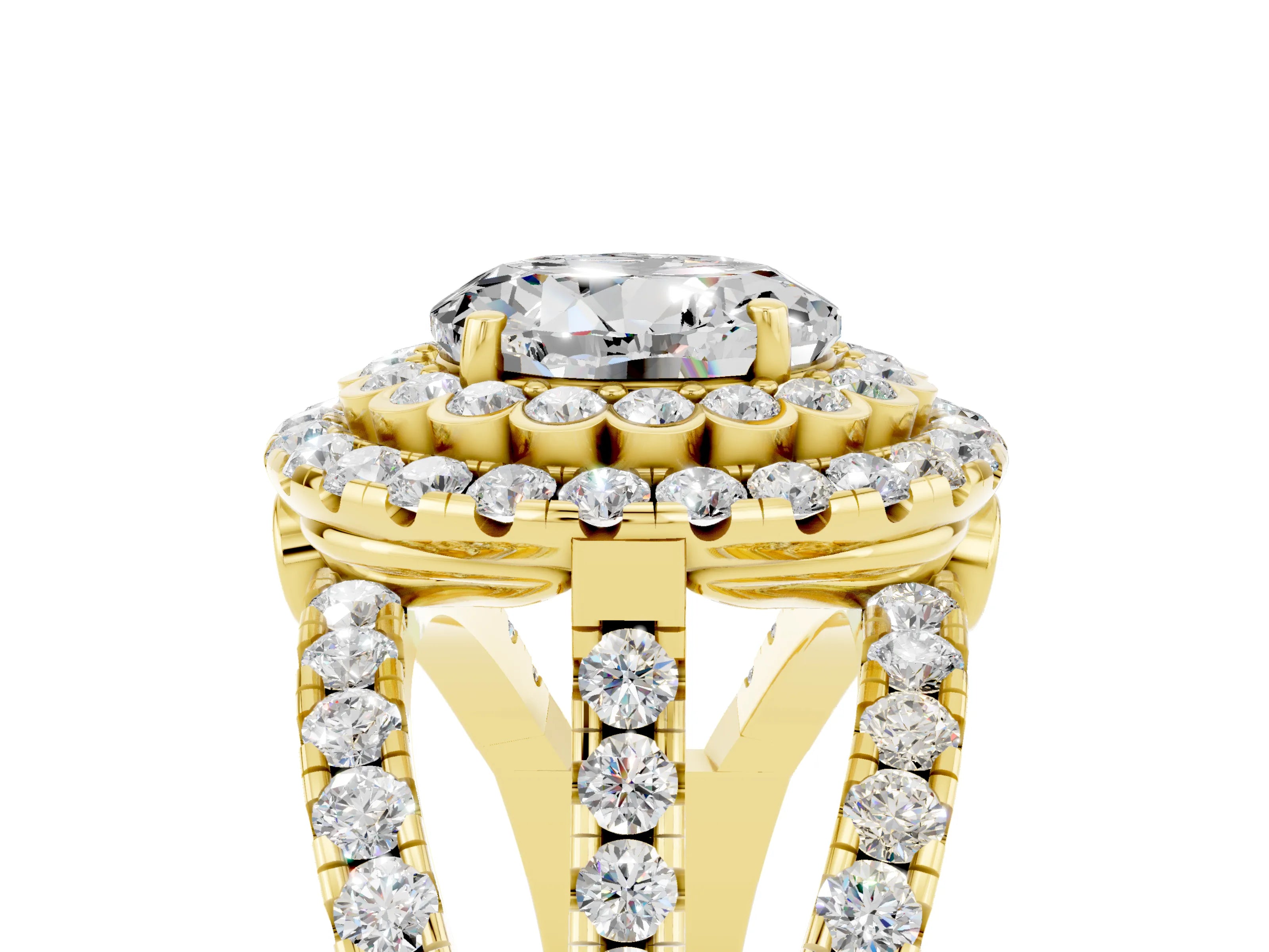 Yellow gold Double Halo Round Cut Diamond Split Shank Pave Set Ring_5