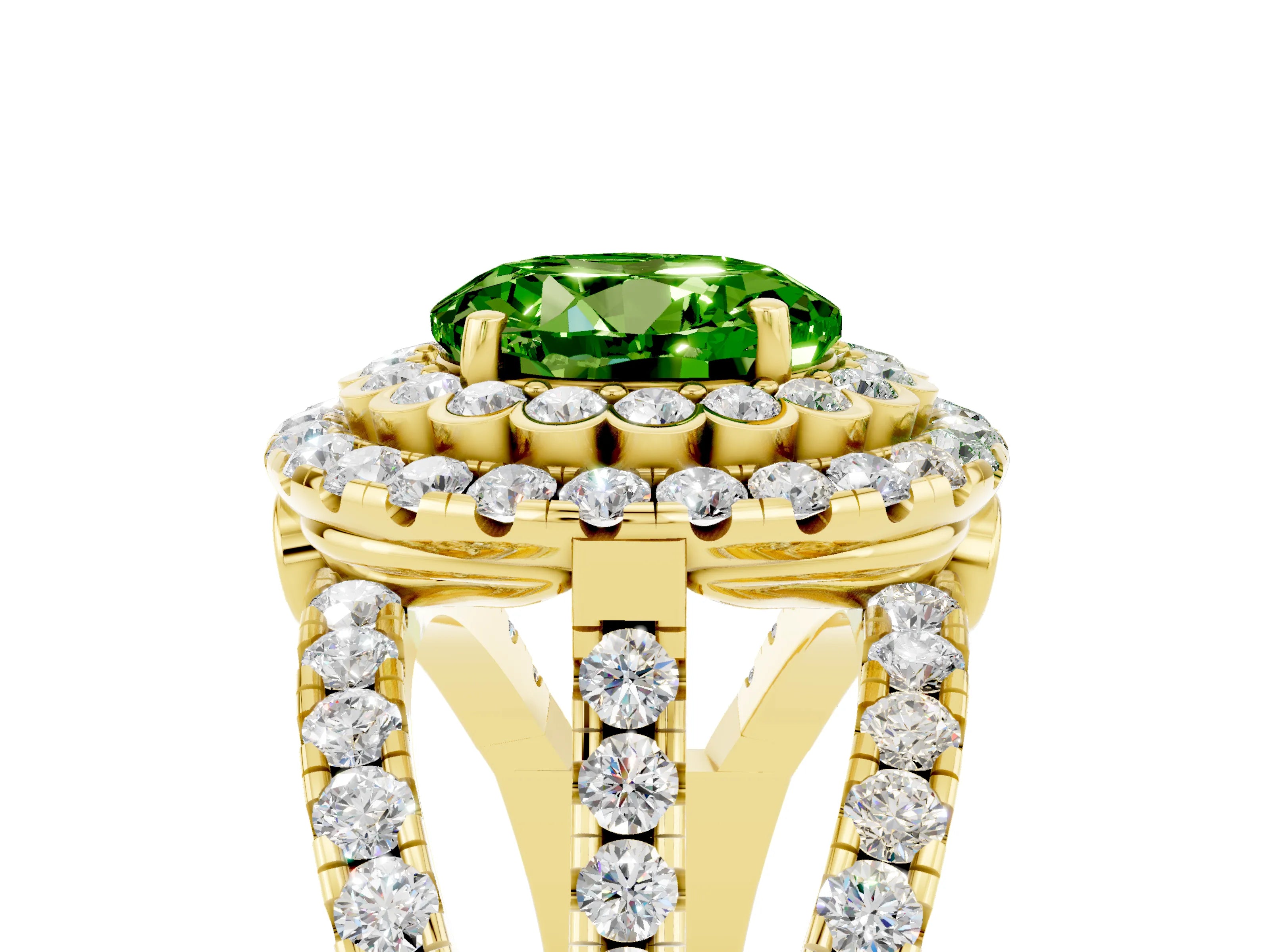 Yellow gold Double Halo Round Cut Diamond Split Shank Pave Set Ring_5