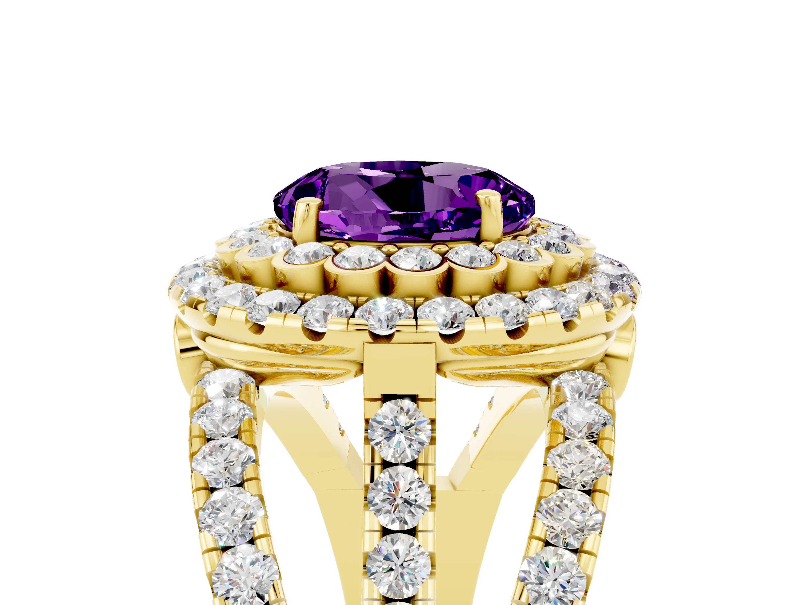 Yellow gold Double Halo Round Cut Diamond Split Shank Pave Set Ring_5